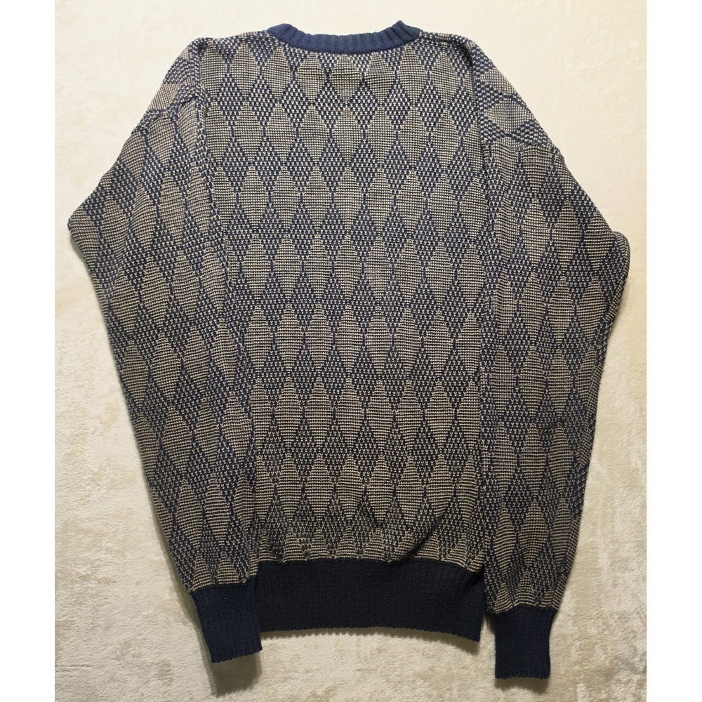 Vintage 90s Y2k Grandpa‎ Sweater Mens M Navy Tan Geometric Knit Retro Crewneck - Picture 2 of 7
